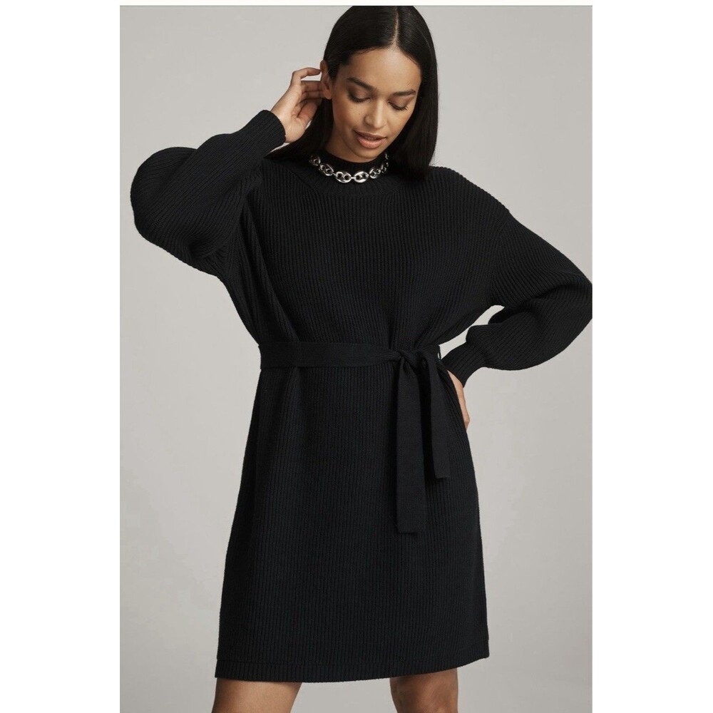 Anthropologie Maeve Long Sleeve Mock  Neck Tie Waist Mini Dress Sz XXS Black
